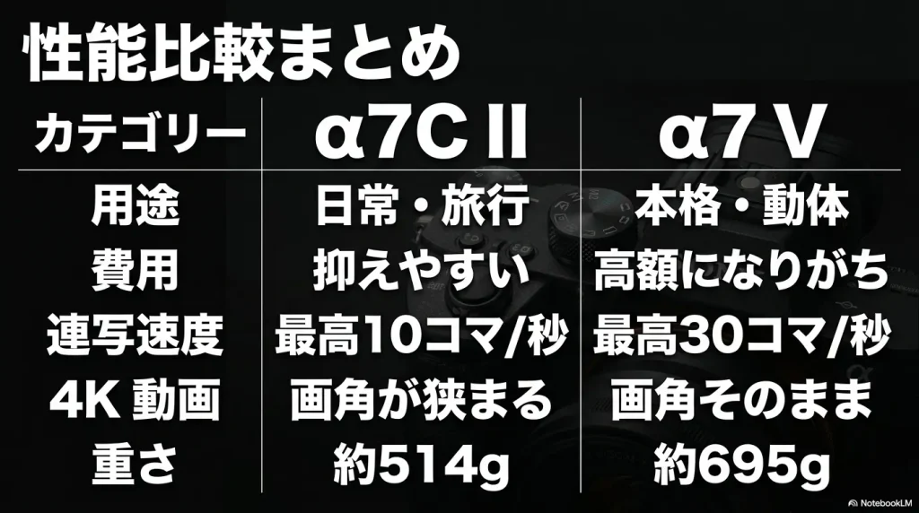 用途、費用、連写速度、4K動画、重さのカテゴリーによるα7C IIとα7 Vの性能比較まとめ