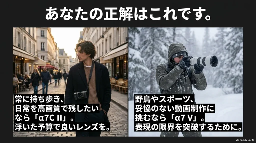 あなたの正解はこれです。常に持ち歩き、日常を高画質で残したいなら「α7C II」。野鳥やスポーツ、妥協のない動画制作に挑むなら「α7 V」