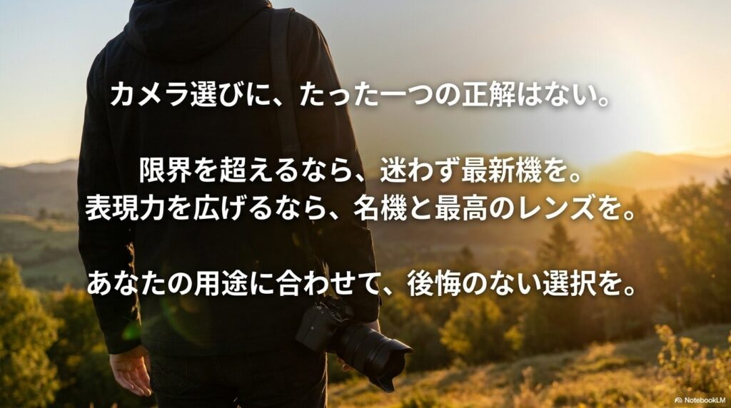 カメラ選びにたった一つの正解はない。限界を超えるなら迷わず最新機を。表現力を広げるなら名機と最高のレンズを。あなたの用途に合わせて後悔のない選択を。