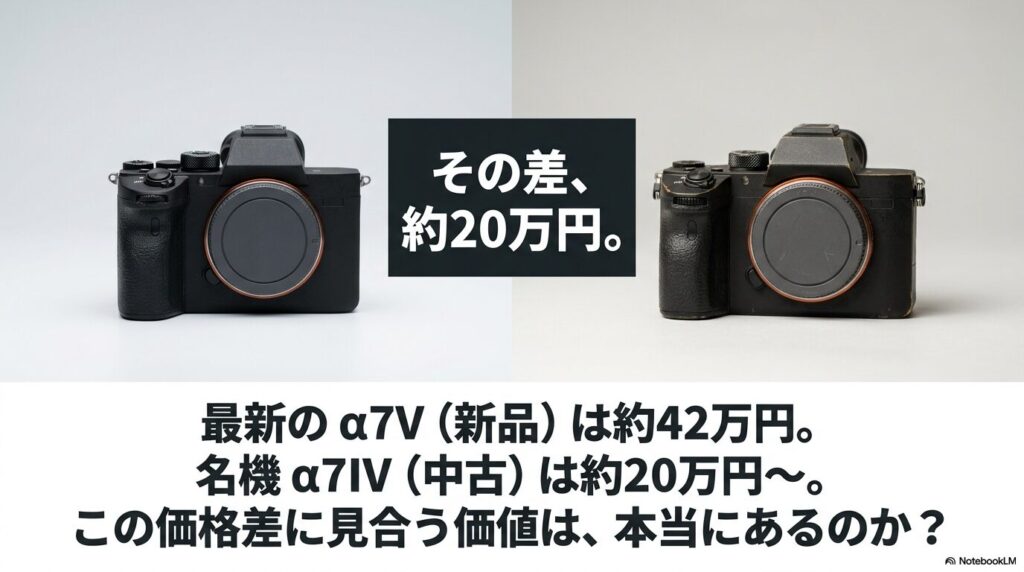 その差、約20万円。最新のα7V（新品）は約42万円、名機α7IV（中古）は約20万円から。この価格差に見合う価値は本当にあるのか。