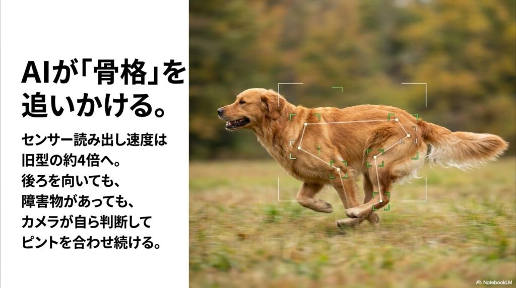 AIが骨格を追いかける。センサー読み出し速度は旧型の約4倍へ。後ろを向いても、障害物があっても、カメラが自ら判断してピントを合わせ続ける。