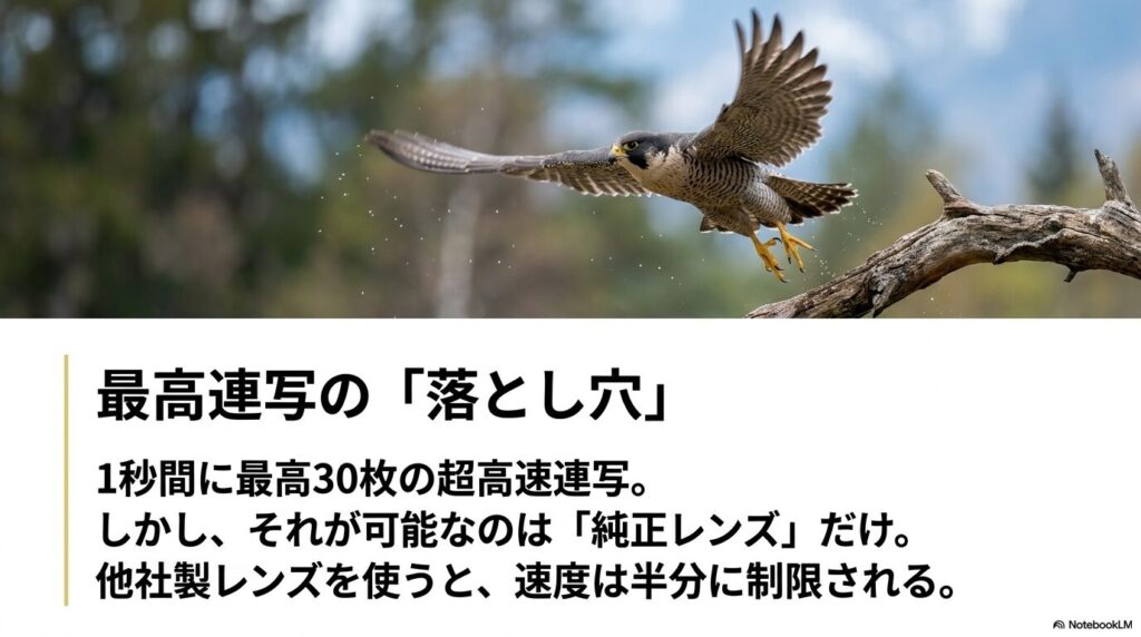 最高連写の落とし穴。1秒間に最高30枚の超高速連写が可能なのは純正レンズのみ。他社製レンズを使うと速度は半分に制限される。