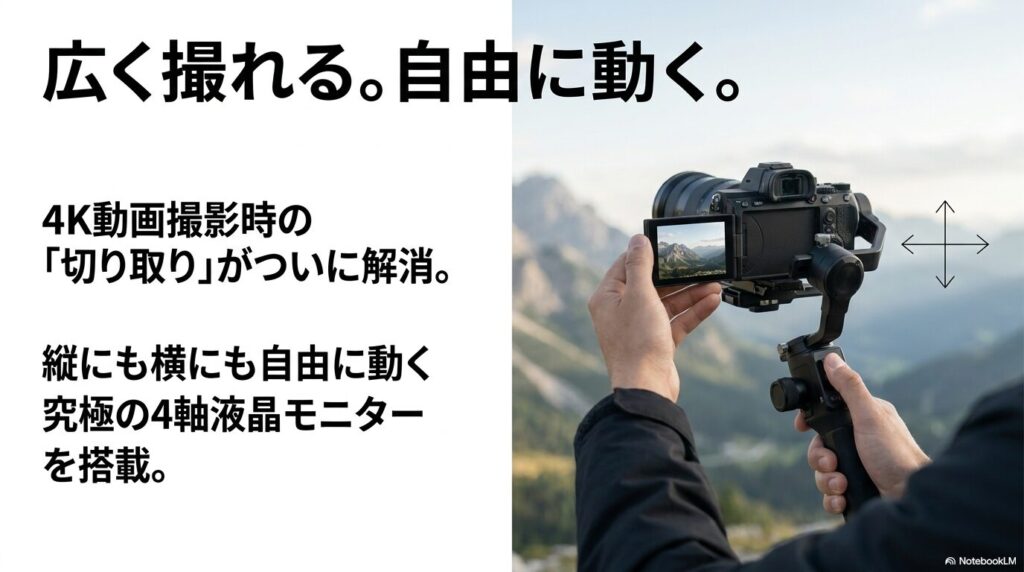 広く撮れる。自由に動く。4K動画撮影時の切り取りがついに解消。縦にも横にも自由に動く究極の4軸液晶モニターを搭載。