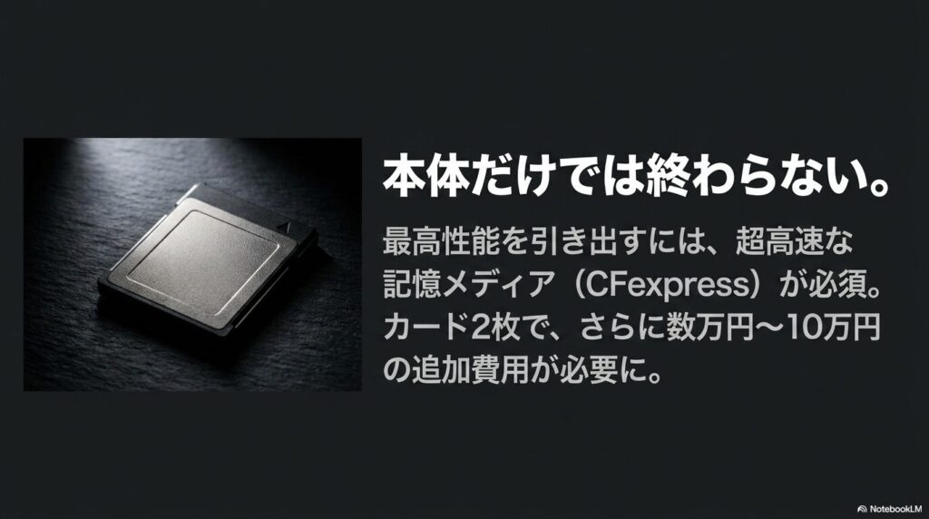 本体だけでは終わらない。最高性能を引き出すには超高速な記憶メディア（CFexpress）が必須で、カード2枚でさらに数万円から10万円の追加費用が必要に。