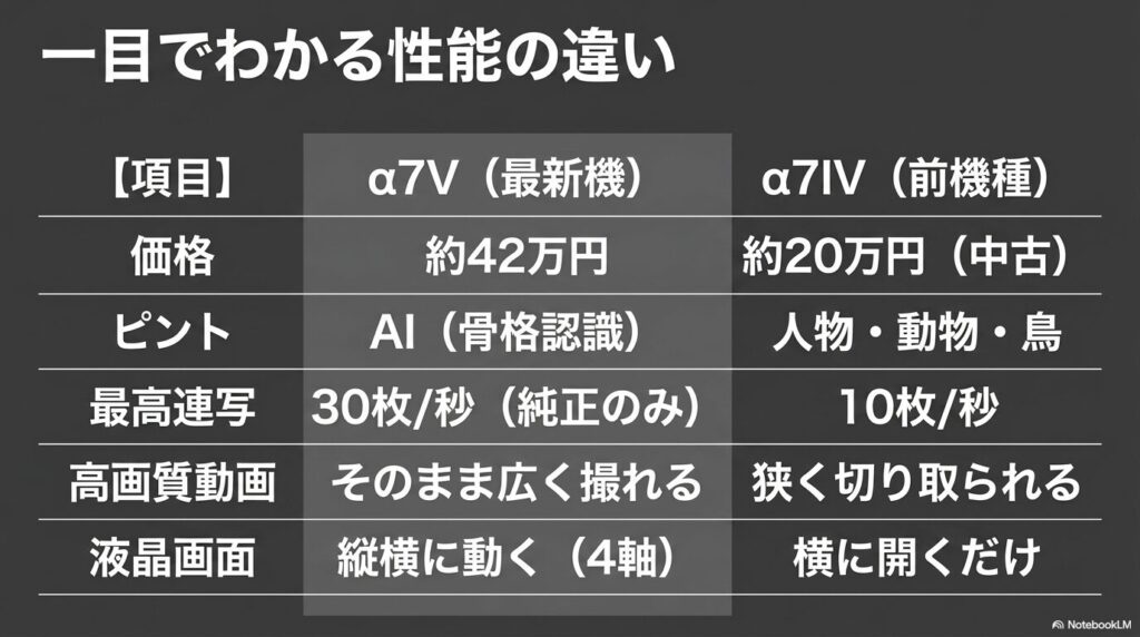 α7Vとα7IVの価格、ピント、最高連写、高画質動画、液晶画面の性能比較表