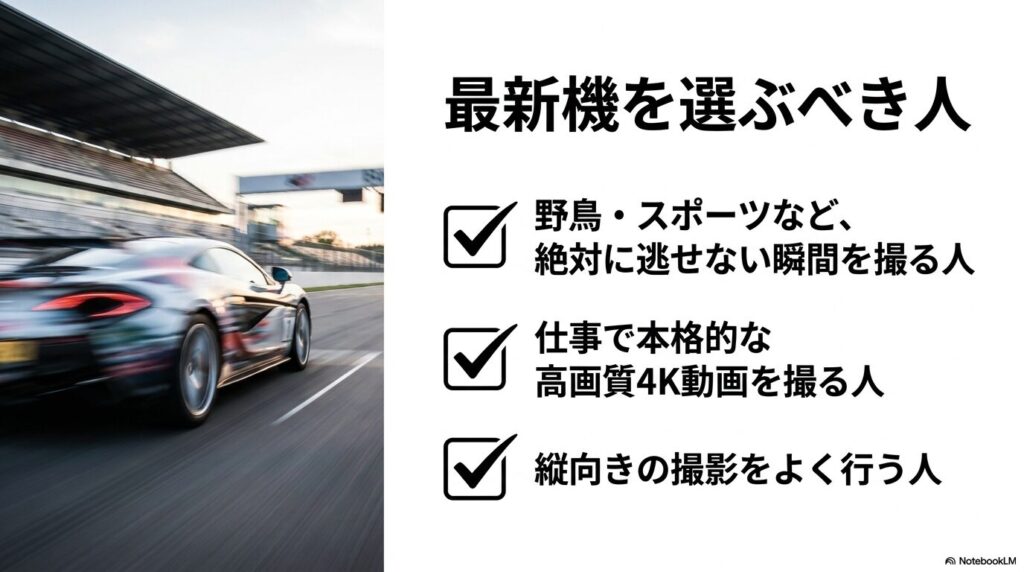 最新機を選ぶべき人は、野鳥・スポーツなど絶対に逃せない瞬間を撮る人、仕事で本格的な高画質4K動画を撮る人、縦向きの撮影をよく行う人。