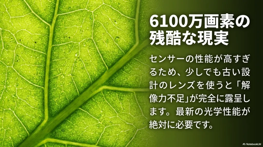 6100万画素の残酷な現実。センサーの性能が高すぎるため、少しでも古い設計のレンズを使うと解像力不足が完全に露呈します。最新の光学性能が絶対に必要です。
