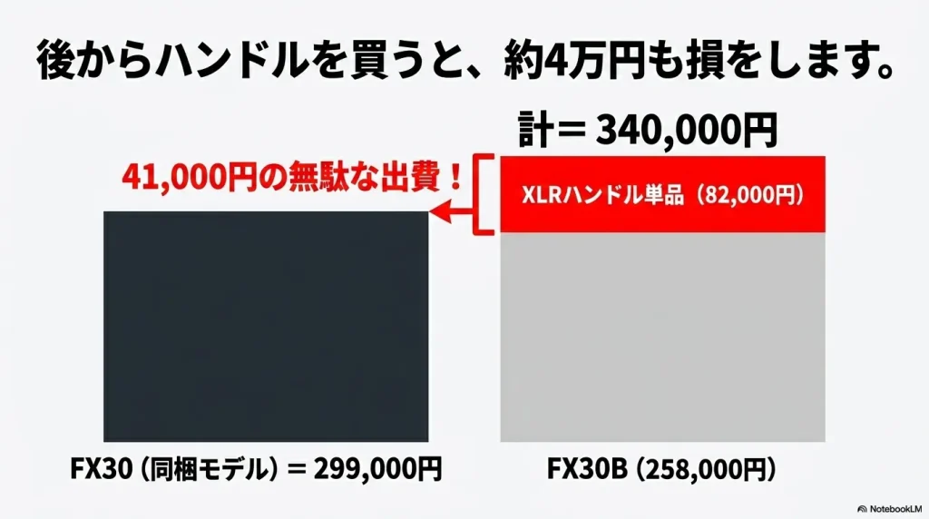 FX30BにXLRハンドルを後付けすると約4万円割高になることを解説した価格比較グラフ