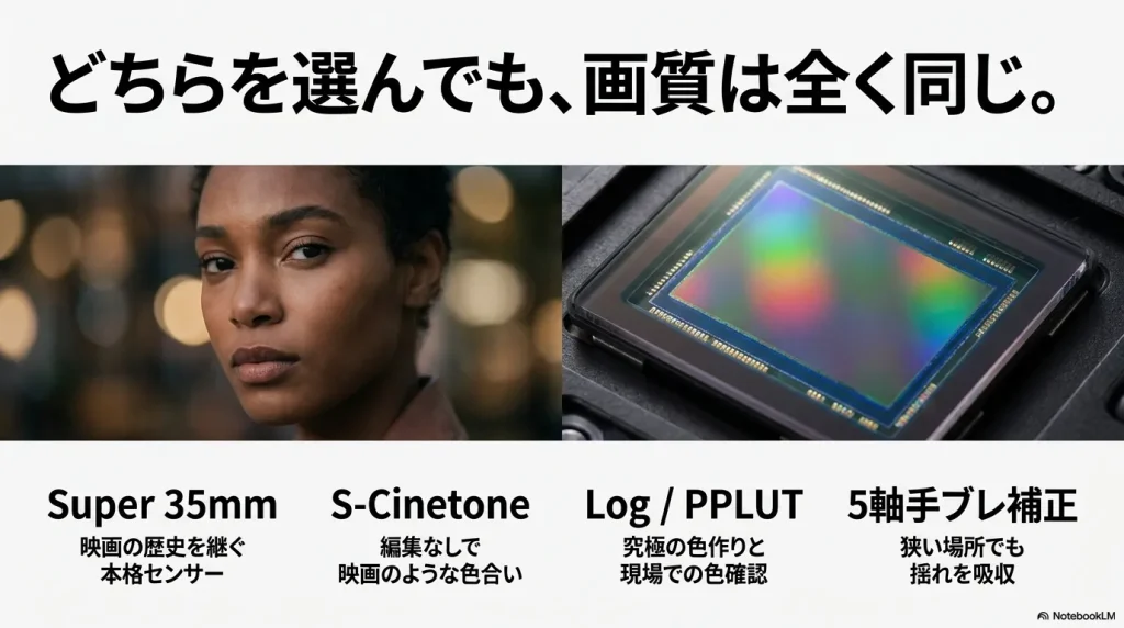 FX30とFX30Bのどちらを選んでも、Super 35mmセンサーやS-Cinetoneによる画質は全く同じであることを示す解説