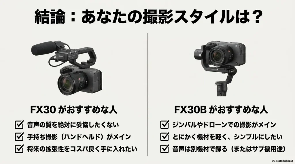 音声重視や手持ち撮影メインならFX30、ジンバル主体や軽量化重視ならFX30Bをおすすめする結論のチェックリスト
