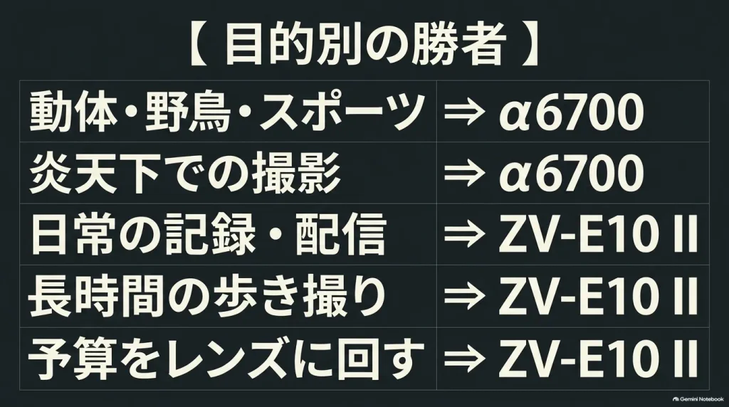 動体撮影や炎天下はα6700、日常記録や歩き撮り・予算重視はZV-E10 IIを推奨する目的別早見表スライド
