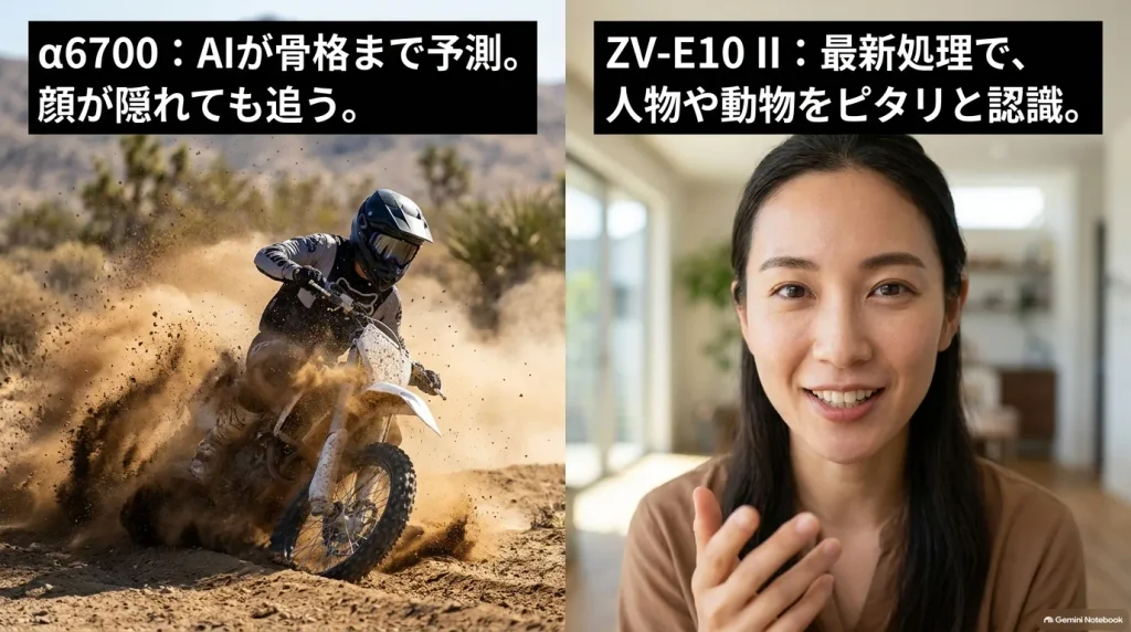 AIプロセッシングユニットによるα6700の被写体骨格予測AFと、ZV-E10 IIの被写体認識AFを比較したスライド