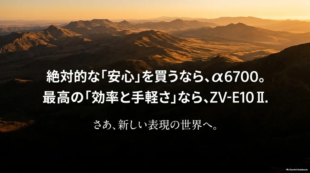 安心と安定性を重視するならα6700、効率と手軽さを重視するならZV-E10 IIという結論をまとめたスライド