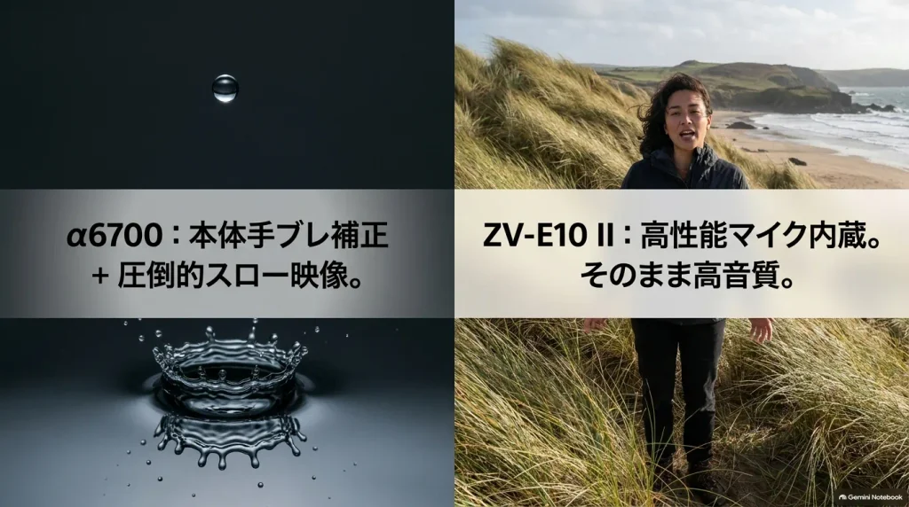 α6700の光学式ボディ内手ブレ補正・スロー映像機能と、ZV-E10 IIの高性能3カプセル内蔵マイクの特徴を比較したスライド