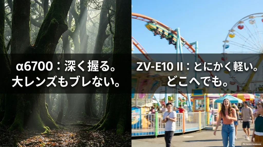 α6700の深いグリップによる大口径レンズ装着時の安定性と、ZV-E10 IIの軽量コンパクト性を比較したスライド