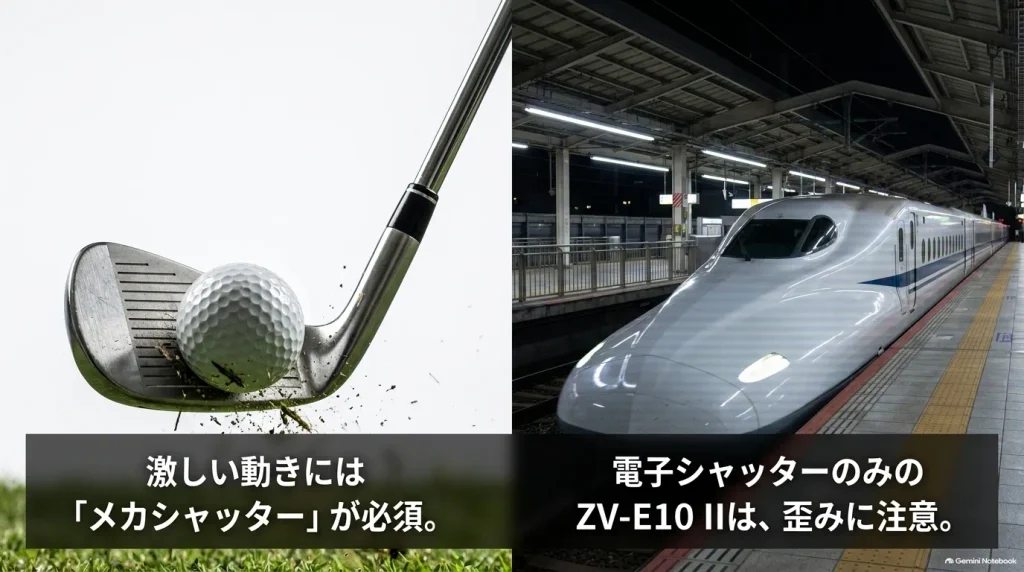 高速動体撮影時にメカシャッターが必要な理由と、電子シャッターのみのZV-E10 IIで発生する歪みへの注意を示すスライド