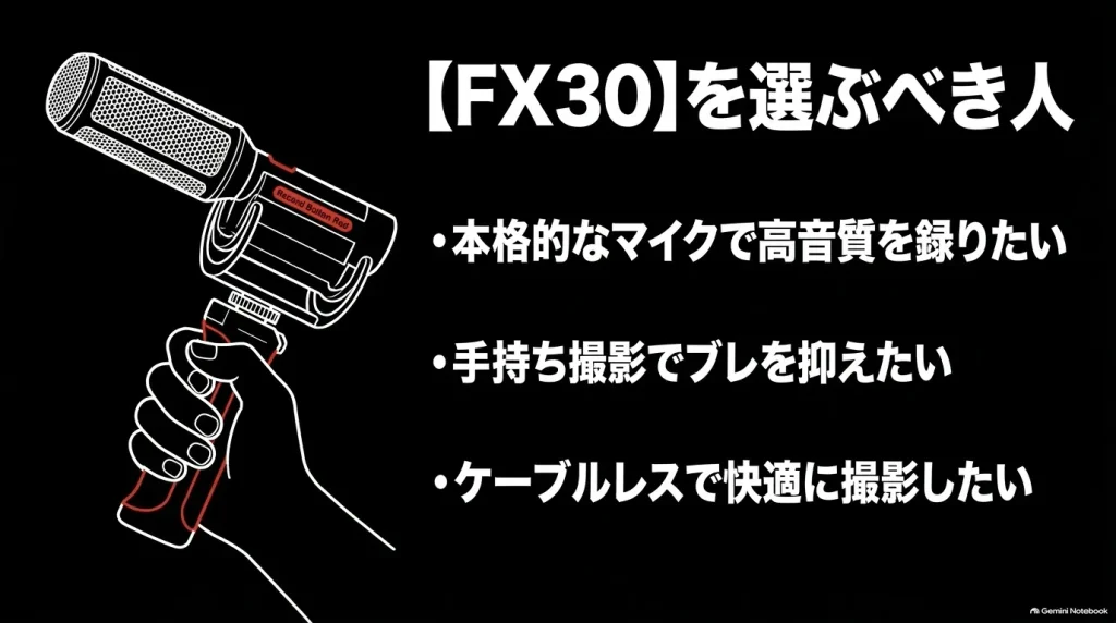 本格マイクによる高音質録音や手持ち撮影、ケーブルレス運用を重視するFX30を選ぶべき人の特徴スライド
