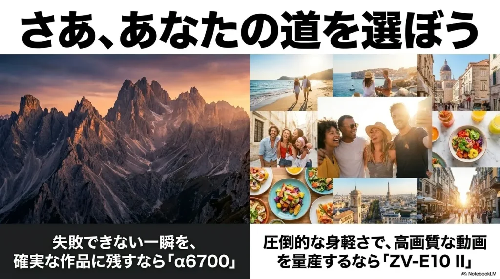 さあ、あなたの道を選ぼう。失敗できない一瞬を確実な作品に残すならa6700、圧倒的な身軽さで高画質な動画を量産するならZV-E10 IIという結論スライド。