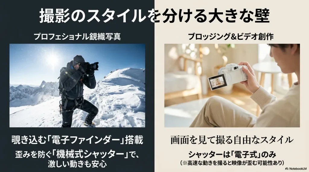 撮影のスタイルを分ける大きな壁。覗き込む電子ファインダーと歪みを防ぐ機械式シャッター搭載のプロフェッショナル写真向けスタイルと、画面を見て撮る電子シャッターのみのVlog・ビデオ創作向けスタイル