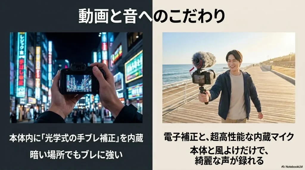 動画と音へのこだわり。暗い場所でもブレに強い本体内蔵の光学式手ブレ補正と、本体と風よけだけで綺麗な声が録れる電子補正・超高性能内蔵マイクの比較