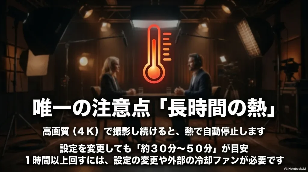 唯一の注意点である長時間の熱に関する解説。高画質4Kで撮影し続けると熱で自動停止することや、設定を変更しても約30分から50分が目安となることについての注意書き。