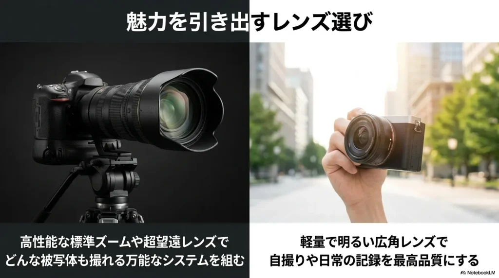 魅力を引き出すレンズ選び。どんな被写体も撮れる万能システムを組むための高性能な標準ズームや超望遠レンズと、自撮りや日常記録を最高品質にする軽量で明るい広角レンズの紹介。