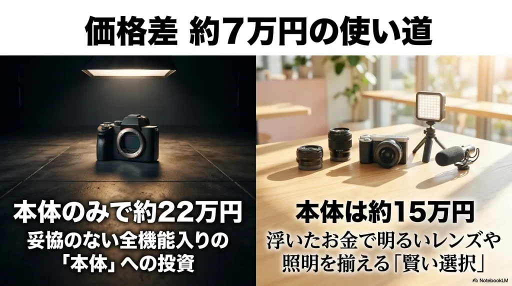 価格差約7万円の使い道。妥協のない全機能入りの本体へ約22万円を投資するか、本体を約15万円に抑えて浮いたお金で明るいレンズや照明を揃える賢い選択をするかの比較。