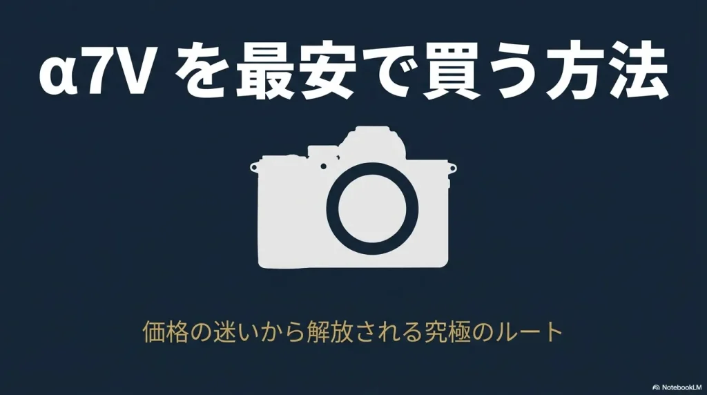 「α7Vを最安で買う方法 価格の迷いから解放される究極のルート」と書かれた、カメラのシルエットが背景にあしらわれたネイビー調のタイトルスライド画像。