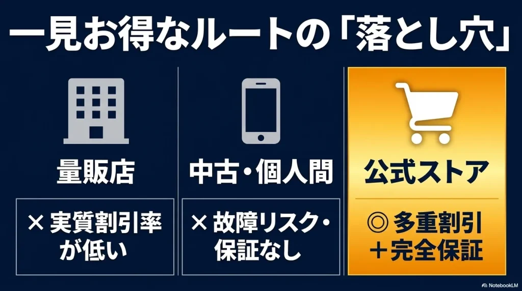 「一見お得なルートの『落とし穴』」として、量販店（実質割引率が低い）、中古・個人間（故障リスク・保証なし）、公式ストア（多重割引＋完全保証）を比較した図解スライド画像。