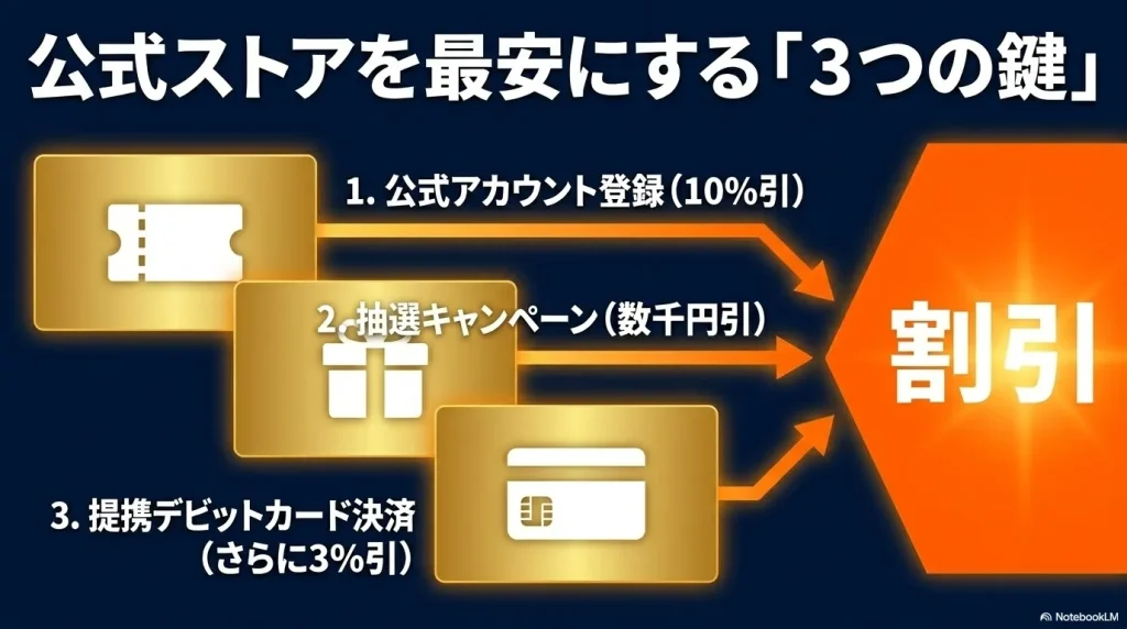 「公式ストアを最安にする『3つの鍵』 1.公式アカウント登録(10%引) 2.抽選キャンペーン(数千円引) 3.提携デビットカード決済(さらに3%引)」と書かれた3ステップの解説スライド画像。