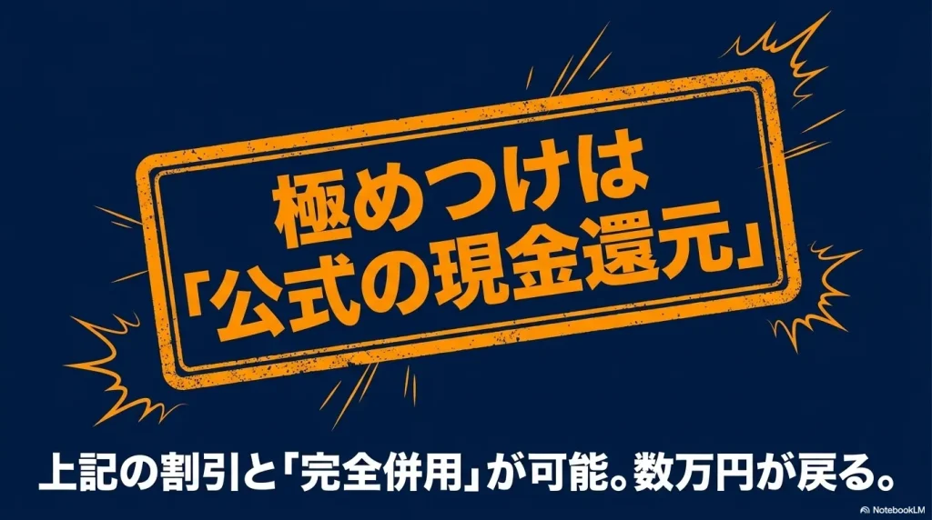 「極めつけは『公式の現金還元』 上記の割引と『完全併用』が可能。数万円が戻る。」と目立つオレンジ色の枠で囲まれたスライド画像。