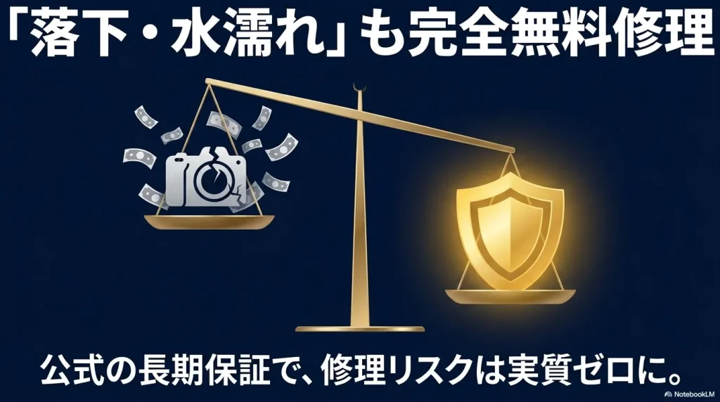 「『落下・水濡れ』も完全無料修理 公式の長期保証で、修理リスクは実質ゼロに。」というテキストと、天秤に乗った破損したカメラのイラストが描かれたスライド画像。