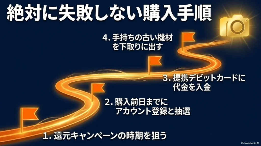 「絶対に失敗しない購入手順」として、1.還元キャンペーンの時期を狙う、2.購入前日までにアカウント登録と抽選、3.提携デビットカードに代金を入金、4.手持ちの古い機材を下取りに出す、という4つのステップが階段状に描かれたスライド画像。